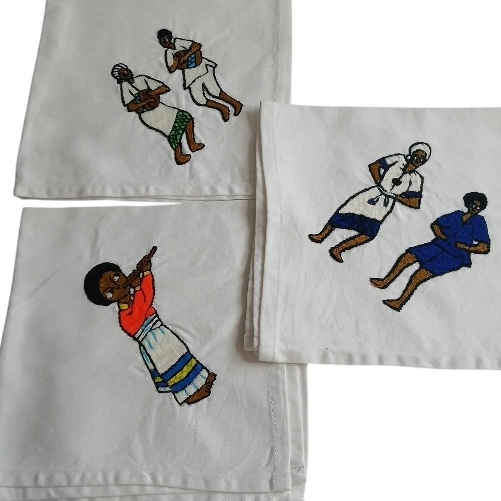 Vintage Handmade Napkin Set of 3 Native Folk Art - Embroidered Cotton Fabric